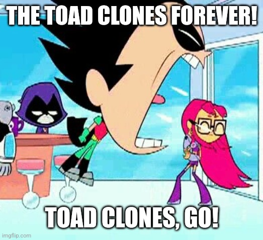 robin yelling at starfire | THE TOAD CLONES FOREVER! TOAD CLONES, GO! | image tagged in robin yelling at starfire | made w/ Imgflip meme maker