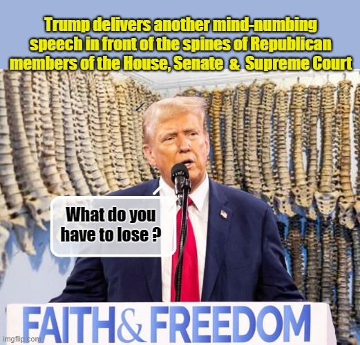 Next stop, Mitch's Mini Museum - where Republican members surrender their testicles. | Trump delivers another mind-numbing speech in front of the spines of Republican members of the House, Senate  &  Supreme Court; What do you have to lose ? | image tagged in donald trump memes,donald trump the clown,donald trump is an idiot,political humor | made w/ Imgflip meme maker