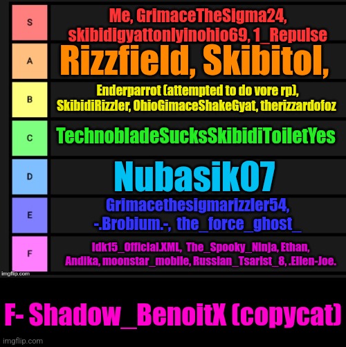 Tier List | Me, GrimaceTheSigma24, skibidigyattonlyinohio69, 1_Repulse; Rizzfield, Skibitol, Enderparrot (attempted to do vore rp), SkibidiRizzler, OhioGimaceShakeGyat, therizzardofoz; TechnobladeSucksSkibidiToiletYes; Nubasik07; Grimacethesigmarizzler54, -.Brobium.-,  the_force_ghost_; Idk15_Official.XML,  The_Spooky_Ninja, Ethan, Andika, moonstar_mobile, Russian_Tsarist_8, .Ellen-Joe. F- Shadow_BenoitX (copycat) | image tagged in tier list | made w/ Imgflip meme maker