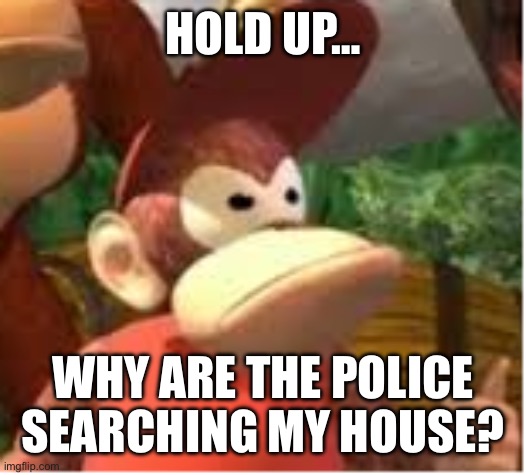 Diddy | HOLD UP…; WHY ARE THE POLICE SEARCHING MY HOUSE? | image tagged in diddy kong,funny,funny meme,meme,diddy | made w/ Imgflip meme maker