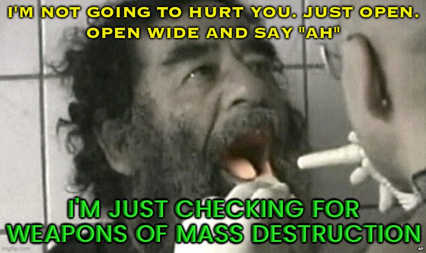 "Just Checking For Weapons Of Mass Destruction" | I'M NOT GOING TO HURT YOU. JUST OPEN.
OPEN WIDE AND SAY "AH"; I'M JUST CHECKING FOR WEAPONS OF MASS DESTRUCTION | image tagged in saddam hussein capture,george bush 9/11,funny memes,iraq war,iraq | made w/ Imgflip meme maker