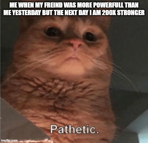 when your the freind thats better at everything | ME WHEN MY FREIND WAS MORE POWERFULL THAN ME YESTERDAY BUT THE NEXT DAY I AM 200X STRONGER | image tagged in pathetic cat | made w/ Imgflip meme maker