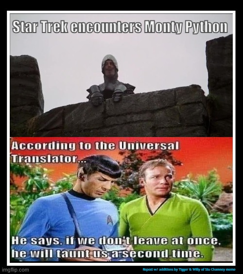 Star Trek encounters Monty Python; Repost w/ additions by Tigger & Willy of Stu Chamney meme | image tagged in star trek | made w/ Imgflip meme maker