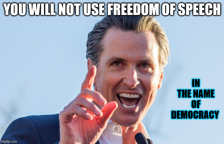 NO FREEDOM OF SPEECH FOR YOU | YOU WILL NOT USE FREEDOM OF SPEECH; IN THE NAME OF DEMOCRACY | image tagged in insane idiot gavin newsom | made w/ Imgflip meme maker