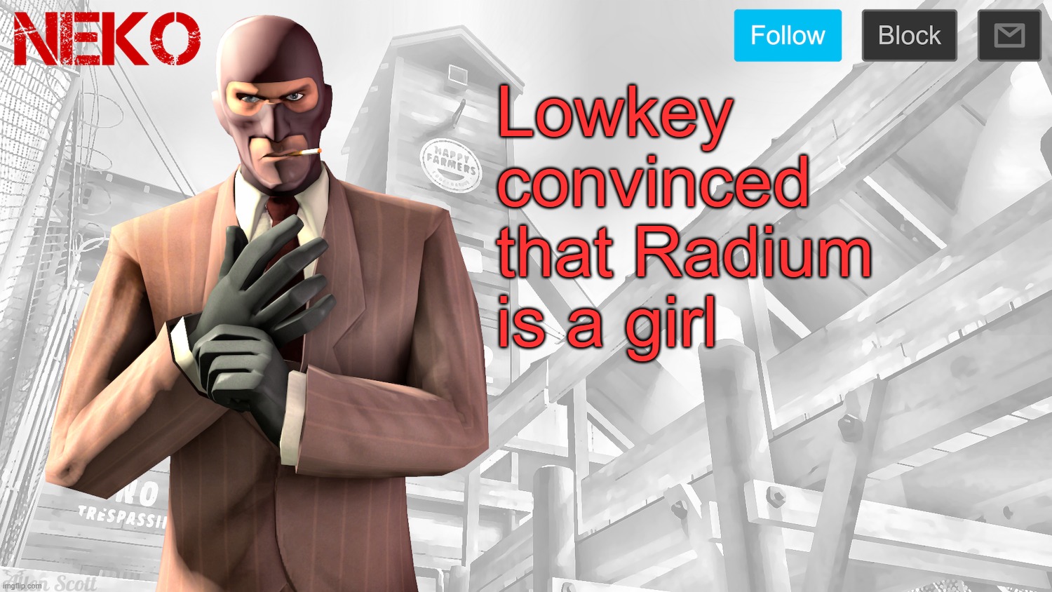 Neko Spy template | Lowkey convinced that Radium is a girl | image tagged in neko spy template | made w/ Imgflip meme maker