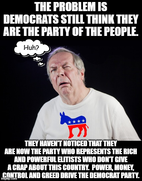 They're too busy hating Trump to notice anything. | THE PROBLEM IS DEMOCRATS STILL THINK THEY ARE THE PARTY OF THE PEOPLE. Huh? THEY HAVEN'T NOTICED THAT THEY ARE NOW THE PARTY WHO REPRESENTS THE RICH AND POWERFUL ELITISTS WHO DON'T GIVE A CRAP ABOUT THIS COUNTRY.  POWER, MONEY, CONTROL AND GREED DRIVE THE DEMOCRAT PARTY. | image tagged in clueless democrats | made w/ Imgflip meme maker