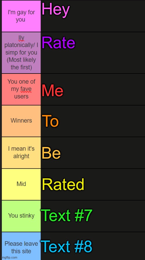 Neko new tier list | Hey; Rate; Me; To; Be; Rated; Text #7; Text #8 | image tagged in neko new tier list | made w/ Imgflip meme maker