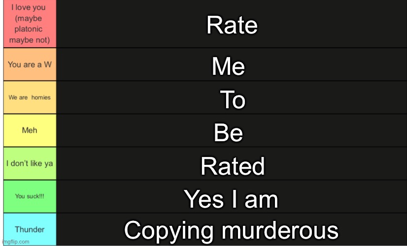 Wheatleys tier list | Rate; Me; To; Be; Rated; Yes I am; Copying murderous | image tagged in wheatleys tier list | made w/ Imgflip meme maker