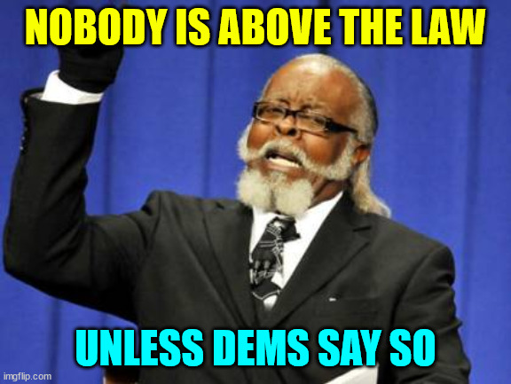 Too Damn High Meme | NOBODY IS ABOVE THE LAW; UNLESS DEMS SAY SO | image tagged in memes,too damn high | made w/ Imgflip meme maker