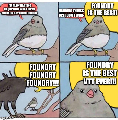 annoyed bird | I'M ALSO STARTING TO QUESTION WHAT DO WE ACTUALLY BUY FROM FOUNDRY; FOUNDRY IS THE BEST! VARIOUS THINGS JUST DON'T WOR-; FOUNDRY IS THE BEST VTT EVER!!! FOUNDRY FOUNDRY FOUNDRY!!! | image tagged in annoyed bird | made w/ Imgflip meme maker