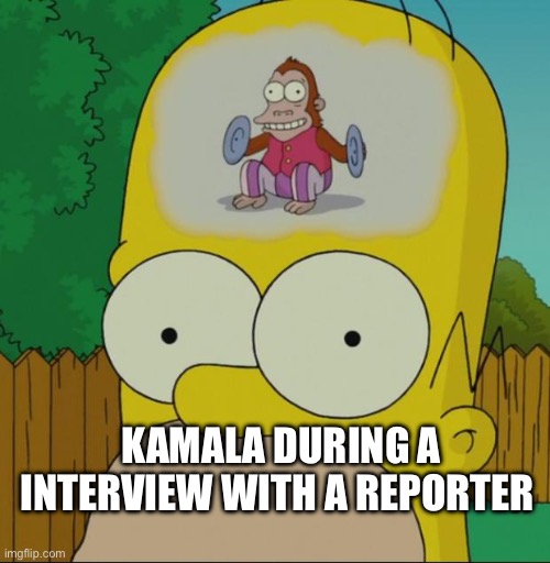homer monkey | KAMALA DURING A INTERVIEW WITH A REPORTER | image tagged in homer monkey,kamala harris,democrats,politics,political meme | made w/ Imgflip meme maker