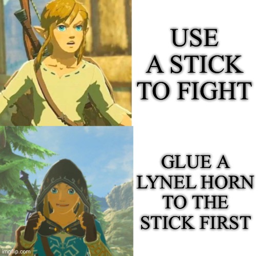 Link Hotline Bling | USE A STICK TO FIGHT GLUE A LYNEL HORN TO THE STICK FIRST | image tagged in link hotline bling | made w/ Imgflip meme maker