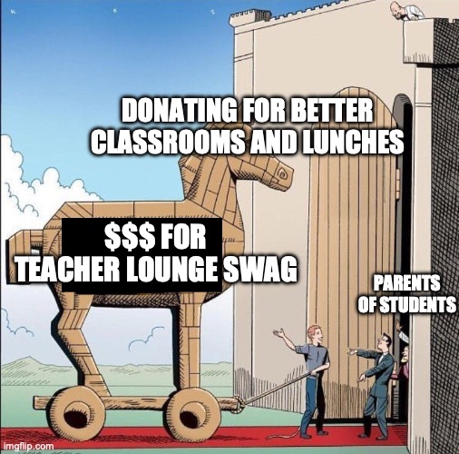 Trojan Horse | DONATING FOR BETTER CLASSROOMS AND LUNCHES; $$$ FOR TEACHER LOUNGE SWAG; PARENTS OF STUDENTS | image tagged in trojan horse | made w/ Imgflip meme maker