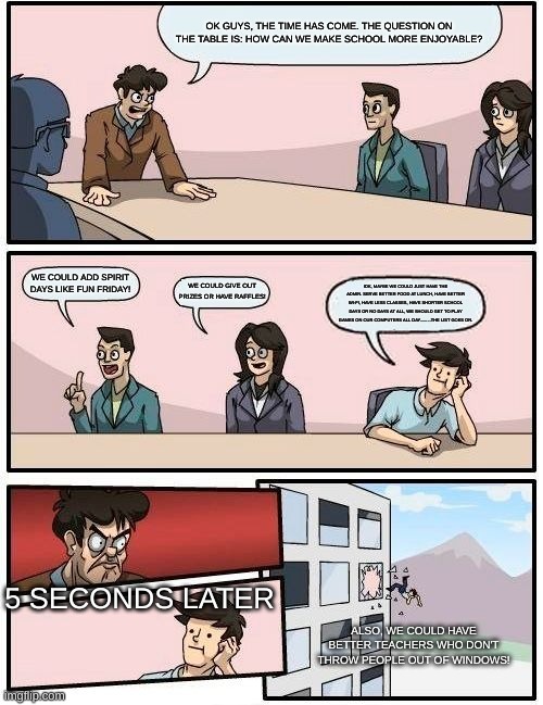 Boardroom Meeting Suggestion | OK GUYS, THE TIME HAS COME. THE QUESTION ON THE TABLE IS: HOW CAN WE MAKE SCHOOL MORE ENJOYABLE? WE COULD ADD SPIRIT DAYS LIKE FUN FRIDAY! WE COULD GIVE OUT PRIZES OR HAVE RAFFLES! IDK, MAYBE WE COULD JUST HAVE THE ADMIN. SERVE BETTER FOOD AT LUNCH, HAVE BETTER WI-FI, HAVE LESS CLASSES, HAVE SHORTER SCHOOL DAYS OR NO DAYS AT ALL, WE SHOULD GET TO PLAY GAMES ON OUR COMPUTERS ALL DAY.........THE LIST GOES ON. 5 SECONDS LATER; ALSO, WE COULD HAVE BETTER TEACHERS WHO DON'T THROW PEOPLE OUT OF WINDOWS! | image tagged in memes,boardroom meeting suggestion | made w/ Imgflip meme maker