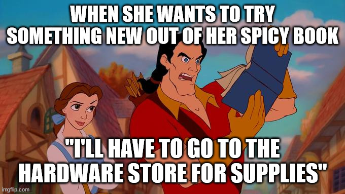 try something new | WHEN SHE WANTS TO TRY SOMETHING NEW OUT OF HER SPICY BOOK; "I'LL HAVE TO GO TO THE HARDWARE STORE FOR SUPPLIES" | image tagged in gaston | made w/ Imgflip meme maker