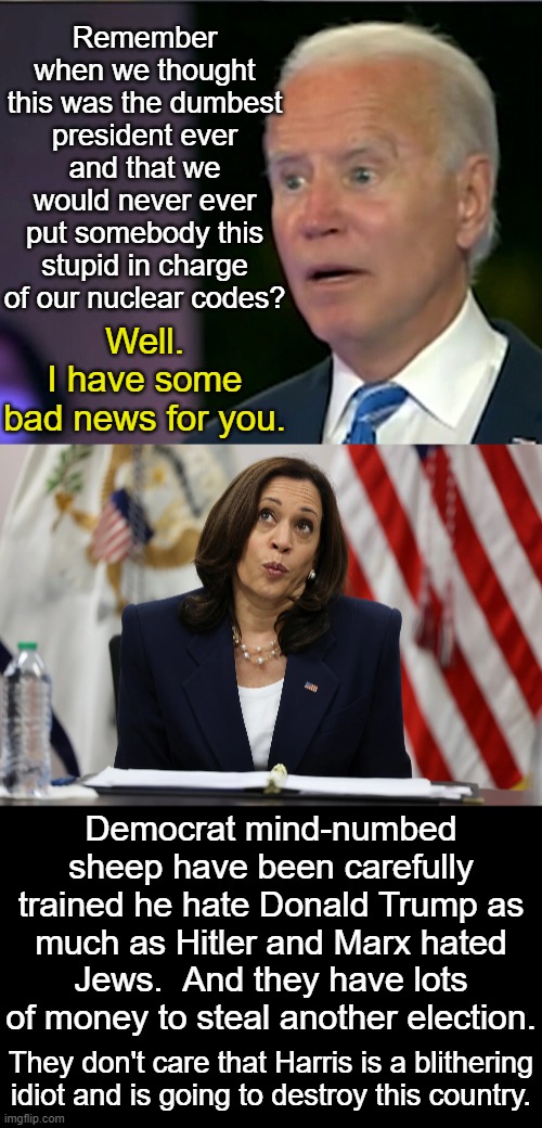 Reporter:  "What are you going to do to lower the cost of living? 
 "Harris: "Next question please" | Remember when we thought this was the dumbest president ever and that we would never ever put somebody this stupid in charge of our nuclear codes? Well.
I have some
bad news for you. Democrat mind-numbed sheep have been carefully trained he hate Donald Trump as much as Hitler and Marx hated Jews.  And they have lots of money to steal another election. They don't care that Harris is a blithering idiot and is going to destroy this country. | image tagged in why would anyone vote for her,trump is not worse,open your eyes | made w/ Imgflip meme maker