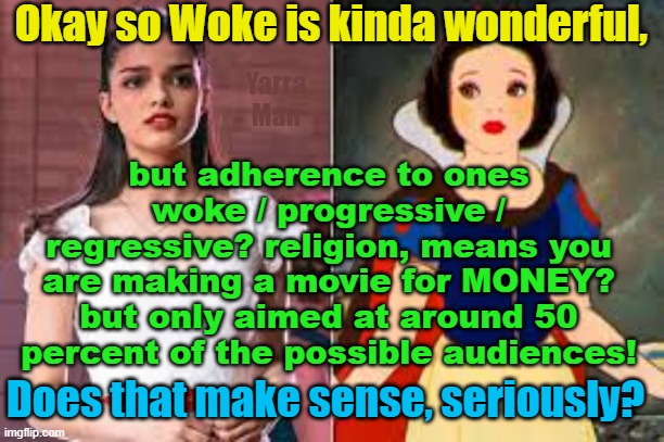 Snow White and Disney, Insanity International and self gratification by proxy personified! | Okay so Woke is kinda wonderful, but adherence to ones woke / progressive / regressive? religion, means you are making a movie for MONEY? but only aimed at around 50 percent of the possible audiences! Yarra Man; Does that make sense, seriously? | image tagged in rachel zegler,woke,leftism,progressive,hollywood,dei | made w/ Imgflip meme maker