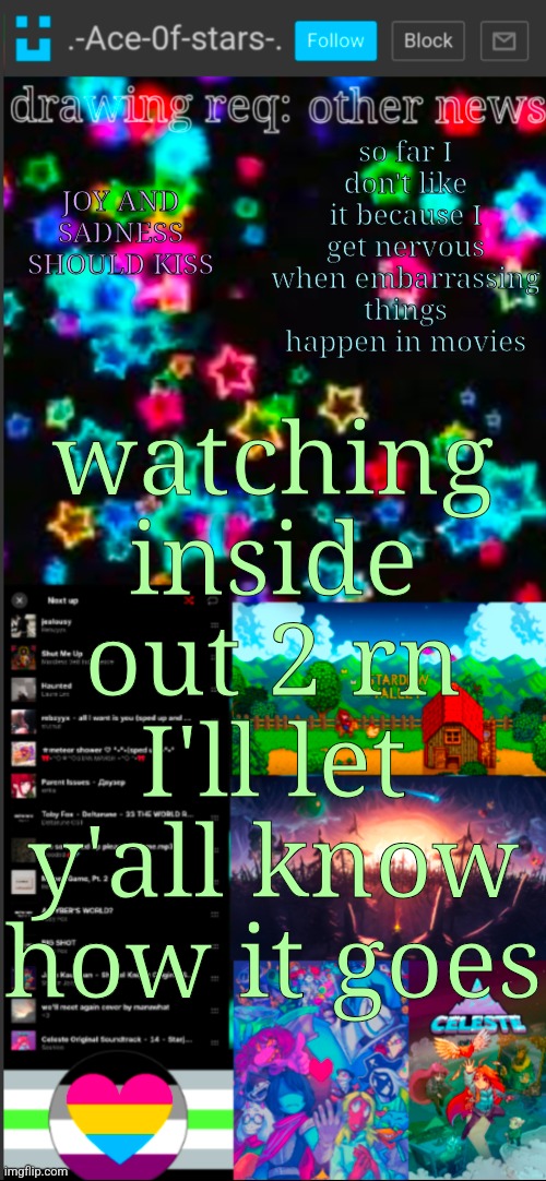 live reactions in comments | so far I don't like it because I get nervous when embarrassing things happen in movies; JOY AND SADNESS SHOULD KISS; watching inside out 2 rn I'll let y'all know how it goes | image tagged in if you see this i probably didn't add a title 3 | made w/ Imgflip meme maker