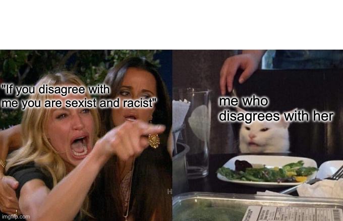 Woman Yelling At Cat Meme | "If you disagree with me you are sexist and racist" me who disagrees with her | image tagged in memes,woman yelling at cat | made w/ Imgflip meme maker