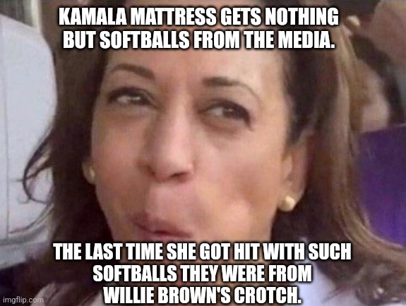 Kamala Harris | KAMALA MATTRESS GETS NOTHING
BUT SOFTBALLS FROM THE MEDIA. THE LAST TIME SHE GOT HIT WITH SUCH
SOFTBALLS THEY WERE FROM
WILLIE BROWN'S CROTCH. | image tagged in kamala harris | made w/ Imgflip meme maker