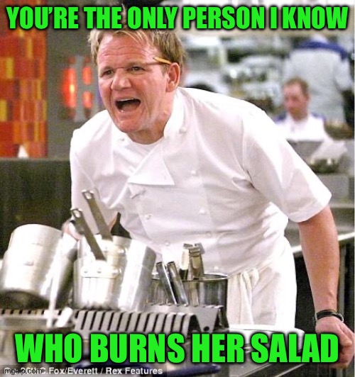 Chef Gordon Ramsay Meme | YOU’RE THE ONLY PERSON I KNOW WHO BURNS HER SALAD | image tagged in memes,chef gordon ramsay | made w/ Imgflip meme maker