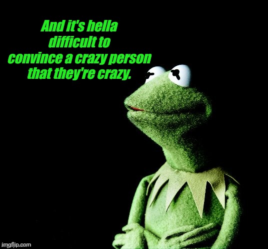 Crazy person | And it's hella difficult to convince a crazy person that they're crazy. | image tagged in contemplative kermit | made w/ Imgflip meme maker