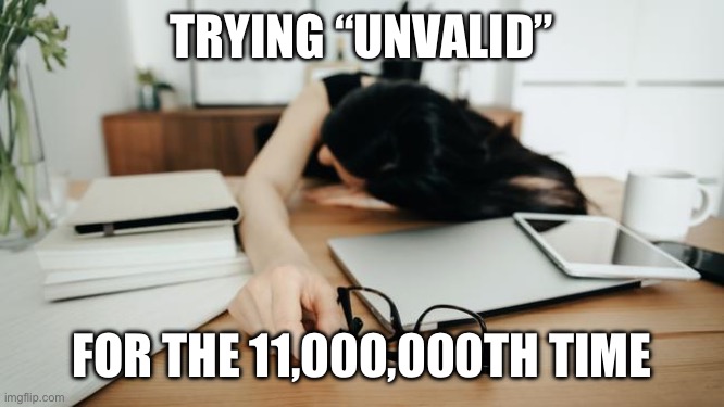 exhausted | TRYING “UNVALID”; FOR THE 11,000,000TH TIME | image tagged in exhausted | made w/ Imgflip meme maker