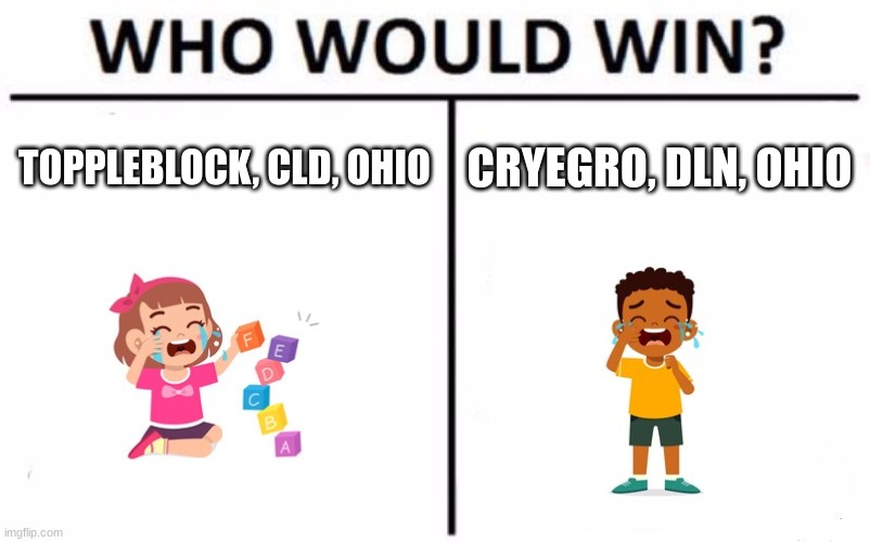 back in ohio, they've got an epic basketball match on tuesday | TOPPLEBLOCK, CLD, OHIO; CRYEGRO, DLN, OHIO | image tagged in memes,who would win,ohio,skibidi toilet sucks,my singing monsters | made w/ Imgflip meme maker