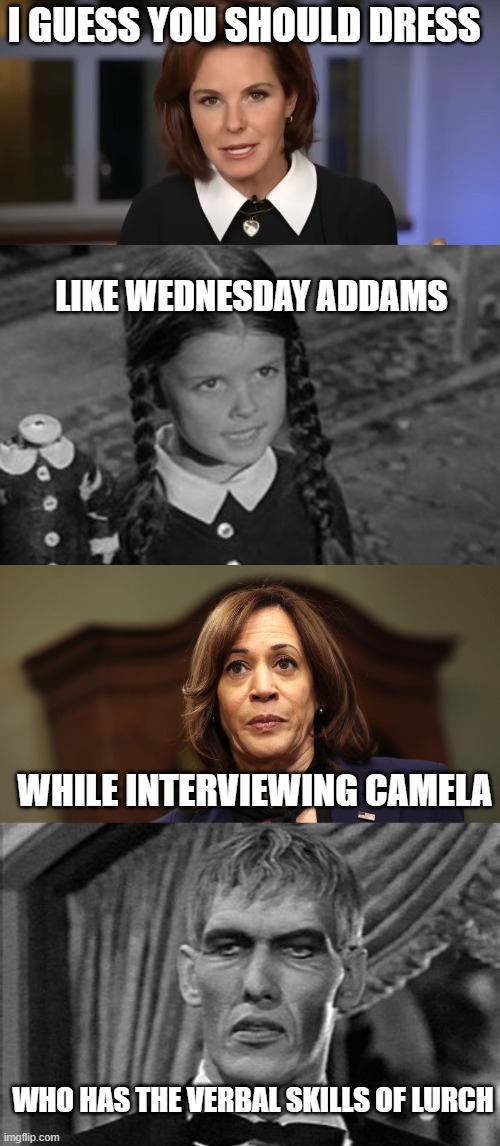 even with a scripted interview , she is a disaster | I GUESS YOU SHOULD DRESS; LIKE WEDNESDAY ADDAMS; WHILE INTERVIEWING CAMELA; WHO HAS THE VERBAL SKILLS OF LURCH | image tagged in stupid liberals,kamala harris,funny memes,political humor,political meme,donald trump approves | made w/ Imgflip meme maker