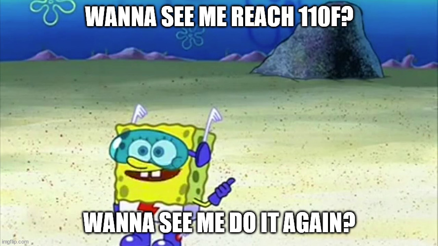 spongebob wanna see me do it again | WANNA SEE ME REACH 110F? WANNA SEE ME DO IT AGAIN? | image tagged in spongebob wanna see me do it again | made w/ Imgflip meme maker