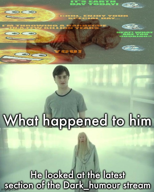 Dead Baby Voldemort / What Happened To Him | What happened to him; He looked at the latest section of the Dark_humour stream | image tagged in dead baby voldemort / what happened to him | made w/ Imgflip meme maker