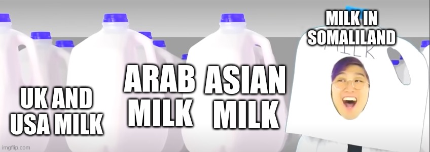 Somaliland's bulit different | MILK IN SOMALILAND; ARAB MILK; ASIAN MILK; UK AND USA MILK | image tagged in lankybox milk meme | made w/ Imgflip meme maker