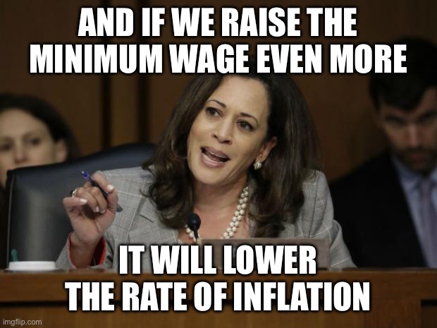 Kamala Harris | AND IF WE RAISE THE MINIMUM WAGE EVEN MORE IT WILL LOWER THE RATE OF INFLATION | image tagged in kamala harris | made w/ Imgflip meme maker