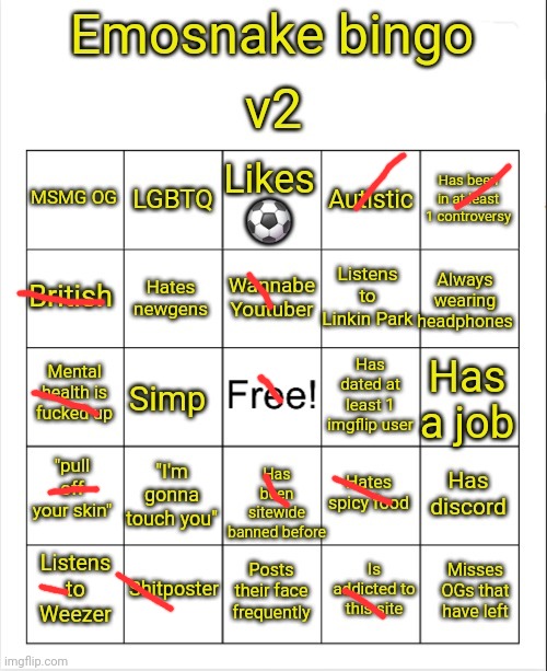 Emosnake bingo v2 | image tagged in emosnake bingo v2 | made w/ Imgflip meme maker