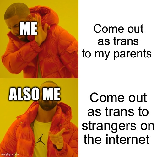 I make no sense | Come out as trans to my parents; ME; ALSO ME; Come out as trans to strangers on the internet | image tagged in memes,drake hotline bling | made w/ Imgflip meme maker