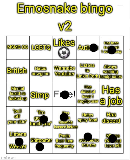 Emosnake bingo v2 | image tagged in emosnake bingo v2 | made w/ Imgflip meme maker