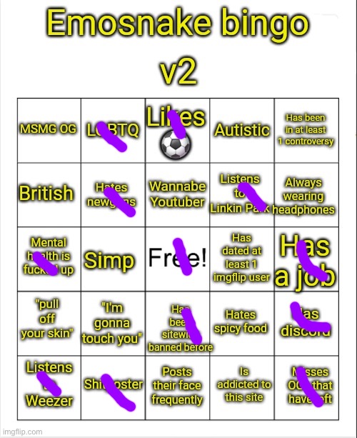 Emosnake bingo v2 | image tagged in emosnake bingo v2 | made w/ Imgflip meme maker