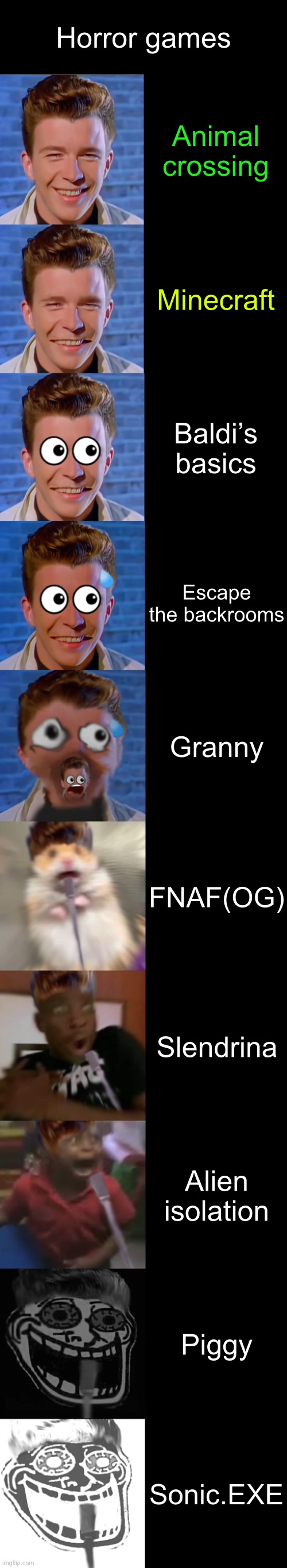 Games | Horror games; Animal crossing; Minecraft; Baldi’s basics; Escape the backrooms; Granny; FNAF(OG); Slendrina; Alien isolation; Piggy; Sonic.EXE | image tagged in rick astley becoming scared | made w/ Imgflip meme maker