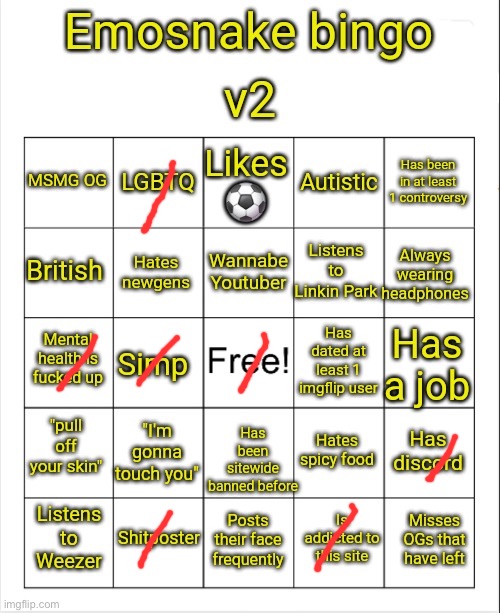 I did worse than I thought I would | image tagged in emosnake bingo v2 | made w/ Imgflip meme maker