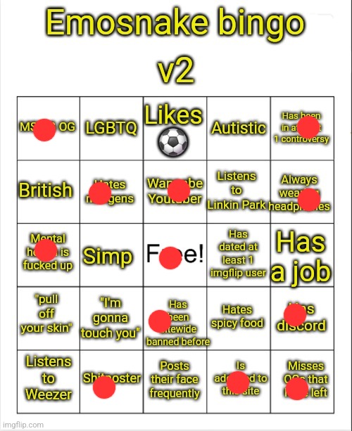 Emosnake bingo v2 | image tagged in emosnake bingo v2 | made w/ Imgflip meme maker