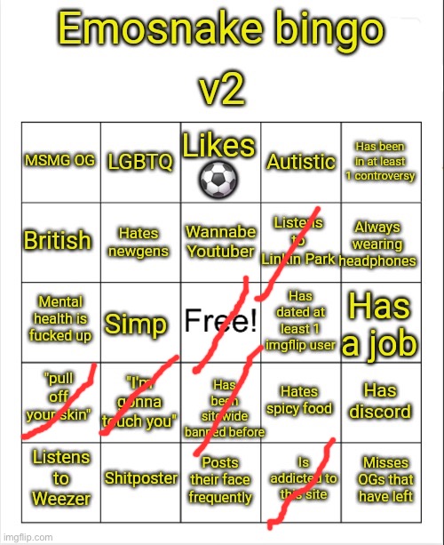 Emosnake bingo v2 | image tagged in emosnake bingo v2 | made w/ Imgflip meme maker