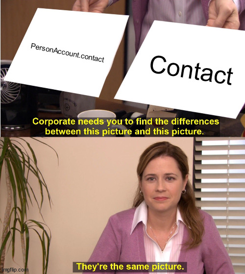 They're The Same Picture Meme | PersonAccount.contact; Contact | image tagged in memes,they're the same picture | made w/ Imgflip meme maker