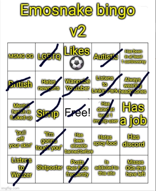 Linkin Park goated | image tagged in emosnake bingo v2 | made w/ Imgflip meme maker