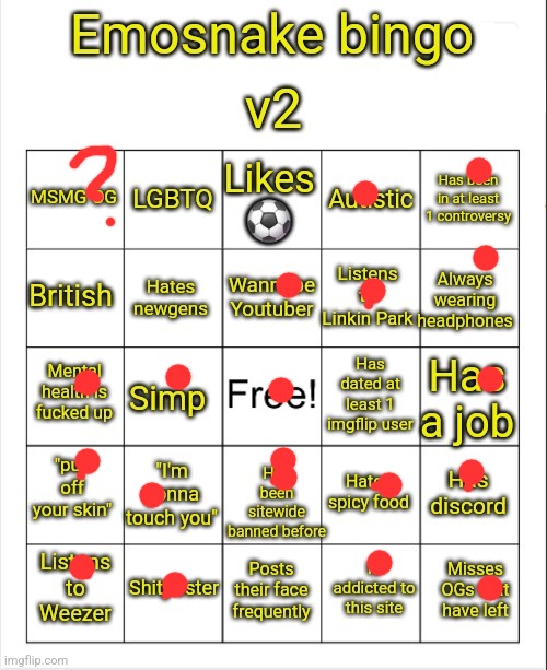 Emosnake bingo v2 | image tagged in emosnake bingo v2 | made w/ Imgflip meme maker