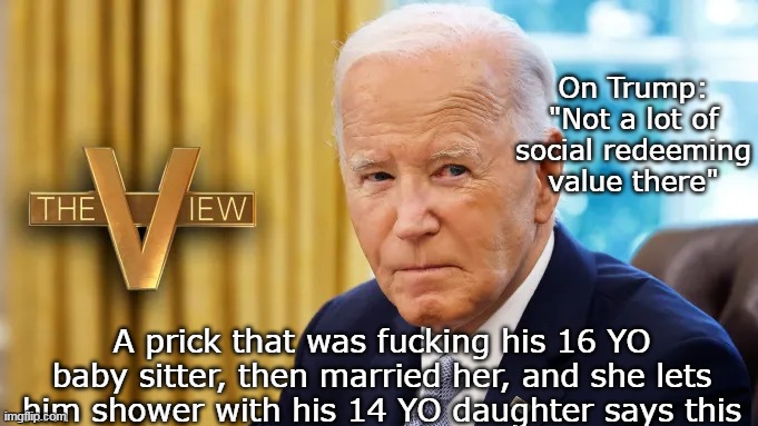 On Trump: "Not a lot of social redeeming value there" A prick that was fucking his 16 YO baby sitter, then married her, and she lets him sho | made w/ Imgflip meme maker