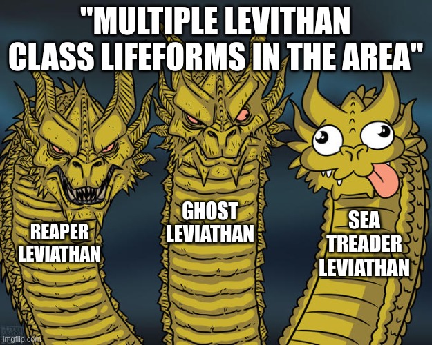 SOOUBNUTICA | "MULTIPLE LEVITHAN CLASS LIFEFORMS IN THE AREA"; GHOST LEVIATHAN; SEA TREADER LEVIATHAN; REAPER LEVIATHAN | image tagged in three-headed dragon | made w/ Imgflip meme maker