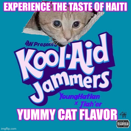 haitian illegals meme | EXPERIENCE THE TASTE OF HAITI; YUMMY CAT FLAVOR | image tagged in kool aid | made w/ Imgflip meme maker