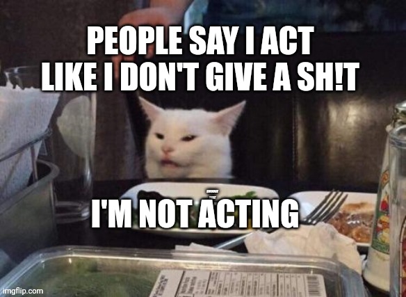 Smudge that darn cat | PEOPLE SAY I ACT LIKE I DON'T GIVE A SH!T; I'M NOT ACTING | image tagged in smudge that darn cat | made w/ Imgflip meme maker