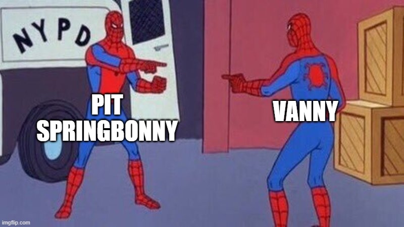 spiderman pointing at spiderman | PIT
SPRINGBONNY VANNY | image tagged in spiderman pointing at spiderman | made w/ Imgflip meme maker