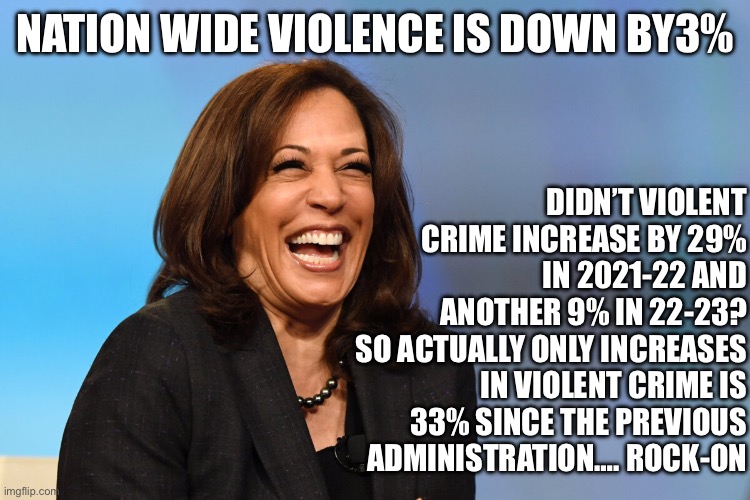 Kammy math | DIDN’T VIOLENT CRIME INCREASE BY 29%
IN 2021-22 AND ANOTHER 9% IN 22-23?
SO ACTUALLY ONLY INCREASES IN VIOLENT CRIME IS 33% SINCE THE PREVIOUS ADMINISTRATION…. ROCK-ON; NATION WIDE VIOLENCE IS DOWN BY3% | image tagged in kamala harris laughing,memes,funny,gifs,kamala | made w/ Imgflip meme maker